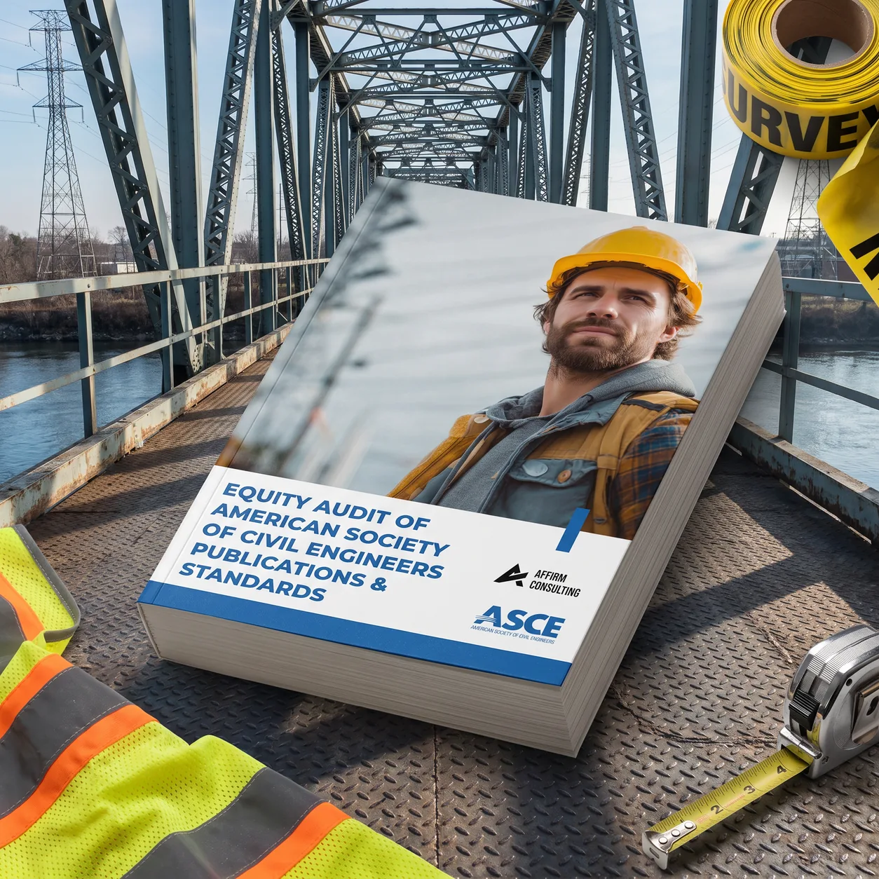ASCE Equity Audit 2024 — printed mockup on a steel bridge deck