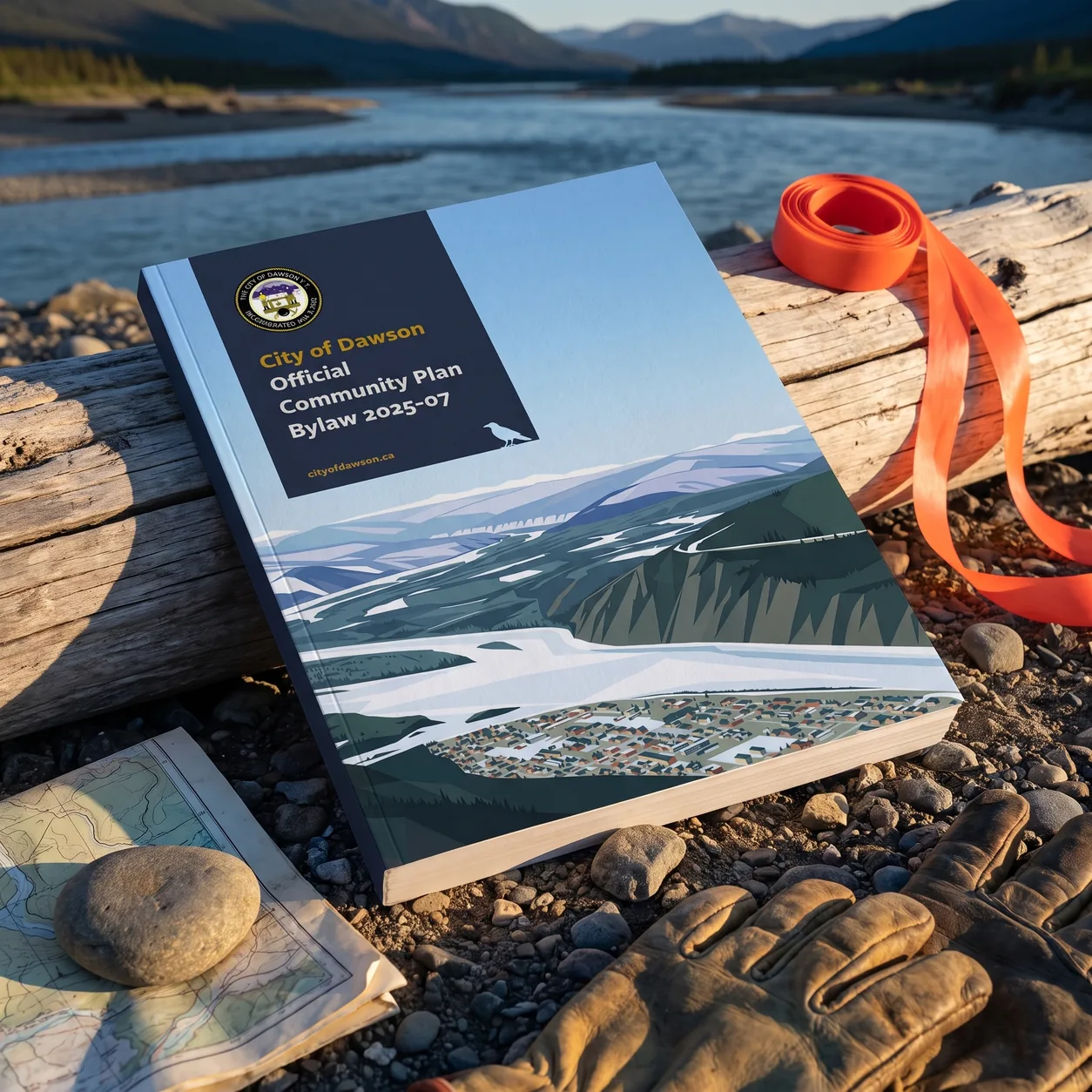 City of Dawson Official Community Plan 2025 — printed mockup on driftwood by the Yukon River
