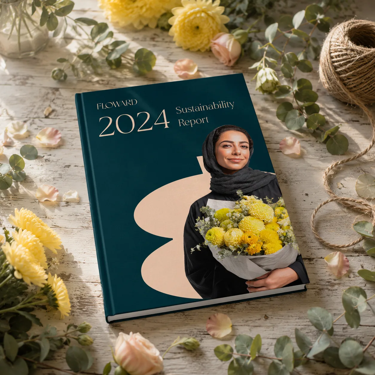 Floward 2024 Sustainability Report — printed mockup on a florist's worktable