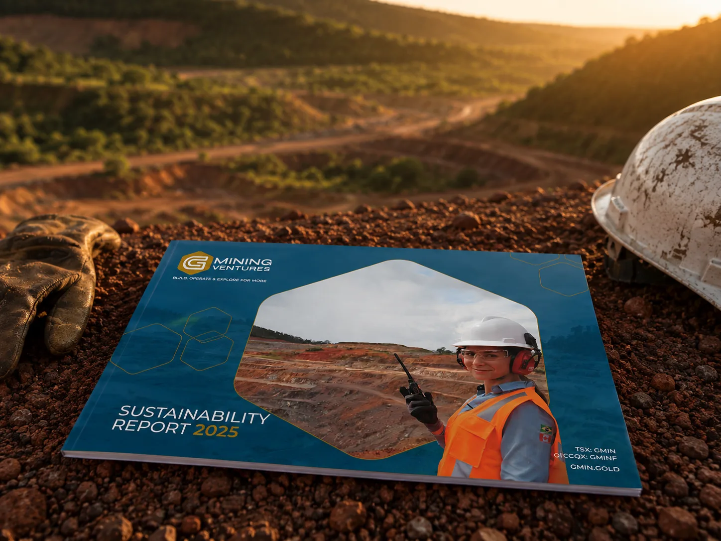 G Mining Ventures 2025 Sustainability Report — printed mockup on ore gravel