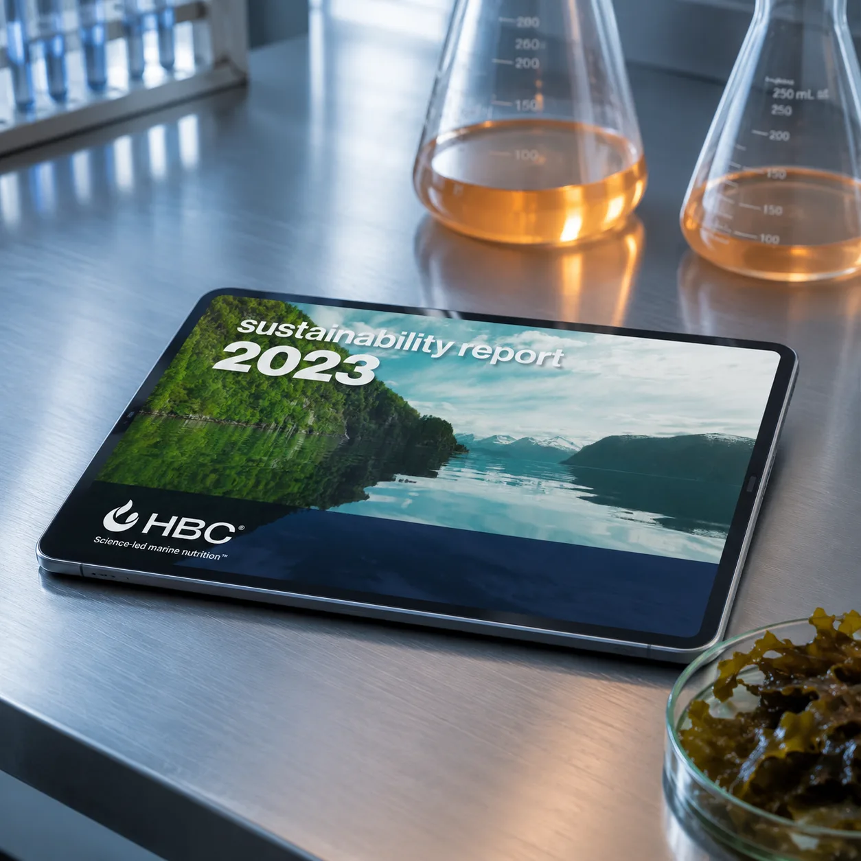 HBC 2023 Sustainability Report — mockup on a tablet in a laboratory