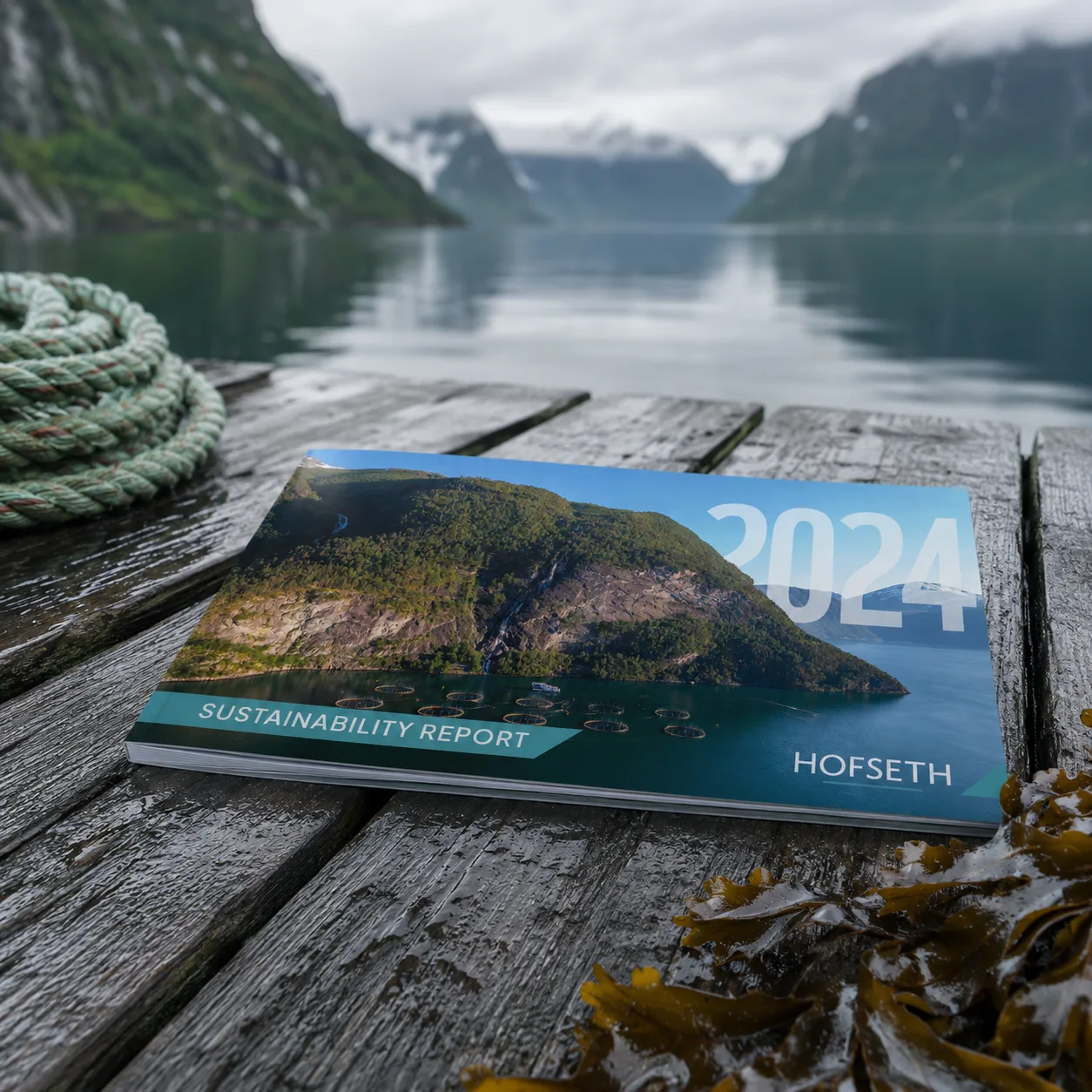 Hofseth 2024 Sustainability Report — printed mockup on a fjord-side pier
