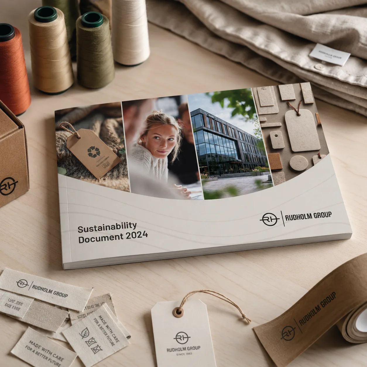 Rudholm Group Sustainability Document 2024 — printed mockup in a garment atelier