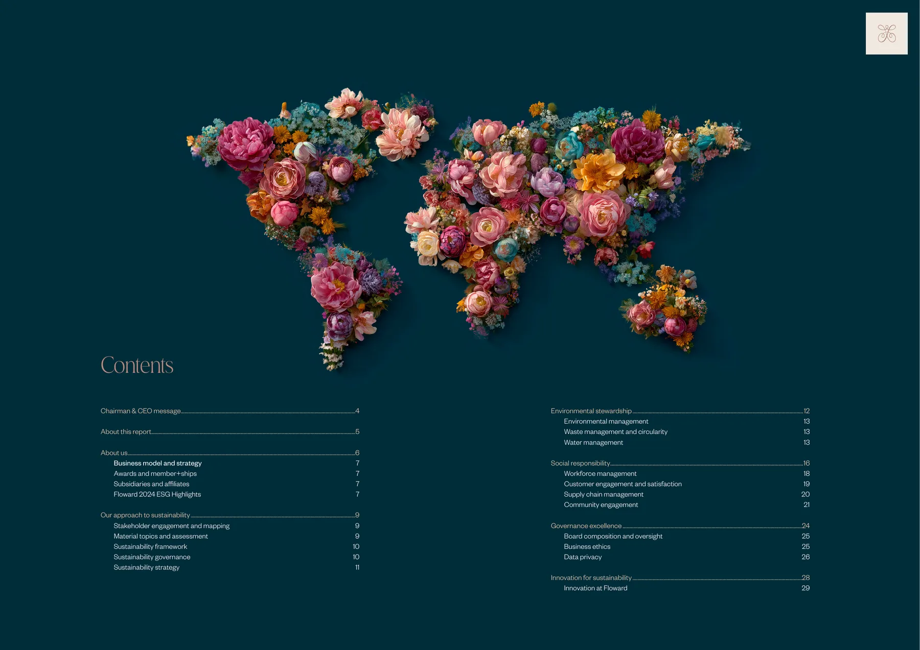 Contents spread with flower world map